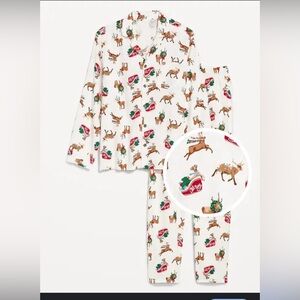 Old Navy Pajama Set Men's Medium White Reindeer Christmas Flannel 2-Piece Set